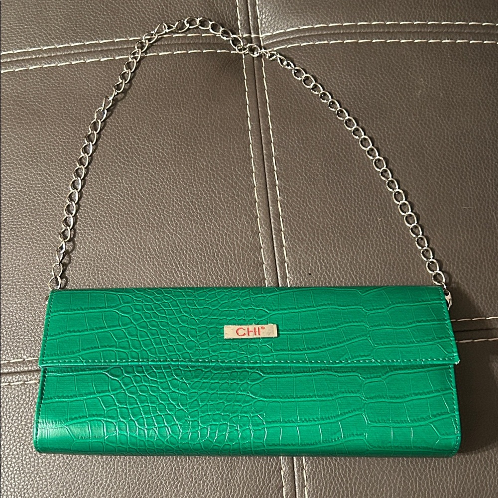 CHI Green Croc-Embossed Clutch with Chain Strap